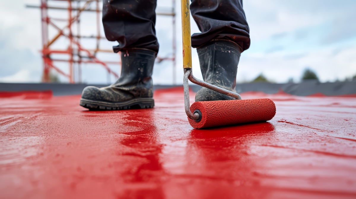 Close-up of worker applying red waterproof sealant with a paint roller on a flat roof. Outdoor construction project.
